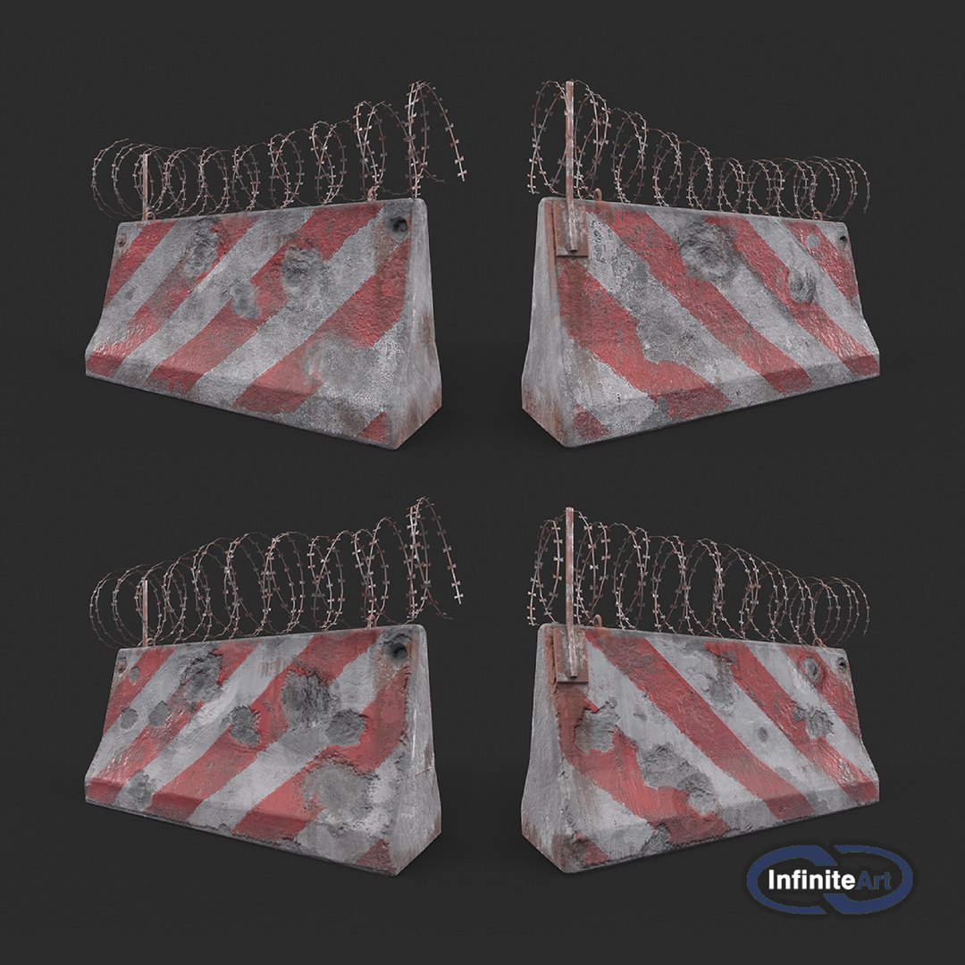 Concrete block with barbed wire. Barricade. model https://p.turbosquid.com/ts-thumb/Dn/adfRTC/yv/roadblock12preview/jpg/1625205346/1920x1080/fit_q87/7d571125548fecf893275b48cbd9fd8ed27e4757/roadblock12preview.jpg