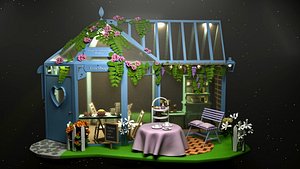 Cartoon tea shop and green house