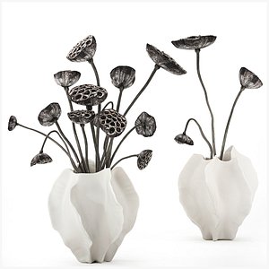 3D White ceramic set vases bouquet dry lotus decor model