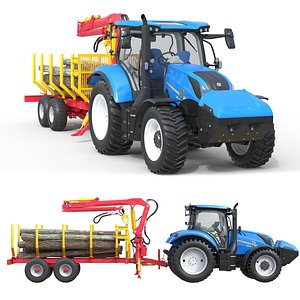 Tractor with Timber Forestry Trailer 3D model