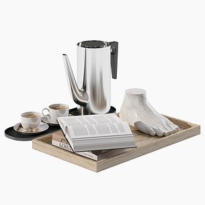 Coffee set 11 - tray pot cup books figurine 3D model