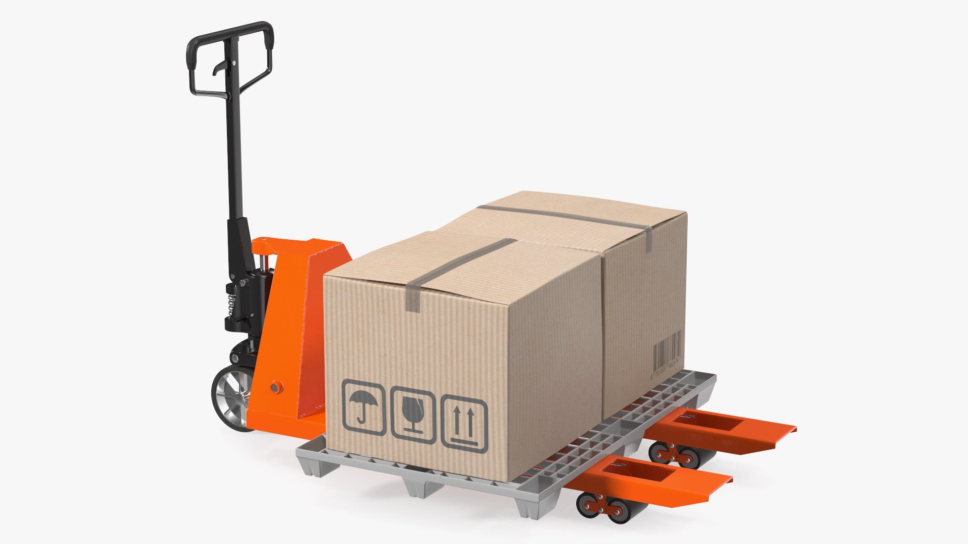 Orange Hand Pallet Truck with Boxes 3D model preview