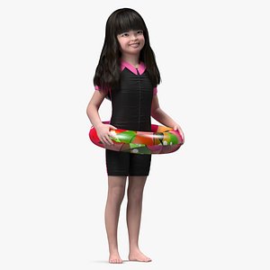 3D Asian Girl in Beach Suit with Inflatable Circle Rigged for Maya