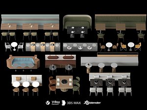 3D Cafe Restaurant Booth Table Chair Combination 3D Model Pack