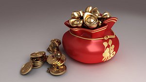 3D model pile gold coins bags golden bag gem ruby diamond jewelry treasure mountain