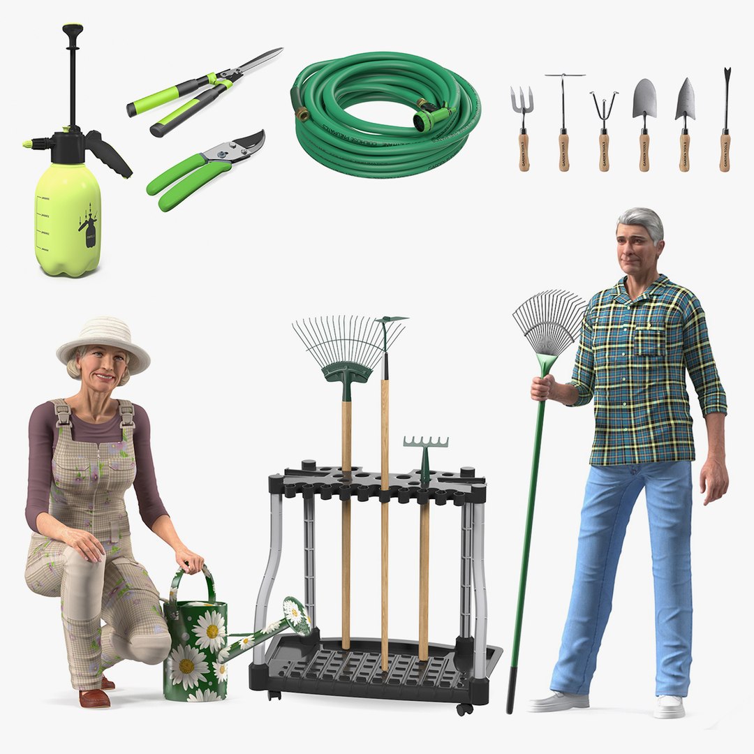 Rigged Elderly Lady and Man with Gardening Tools Collection for Cinema 4D