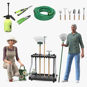 3D Rigged Elderly Lady and Man with Gardening Tools Collection for Cinema 4D