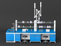 Blue epoxy lab table complete with glassware sink and lab stool set 3d model