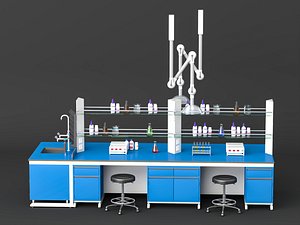 Blue epoxy lab table complete with glassware sink and lab stool set 3d model