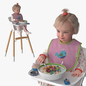 3D Baby Girl Eating in High Chair Fur