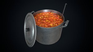 3D Aluminum saucepan with soup and ladle model