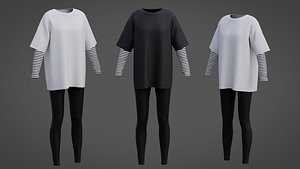 Oversized T-Shirt and Leggings Goth Outfit - White and Black E-Girl Shirt 3D