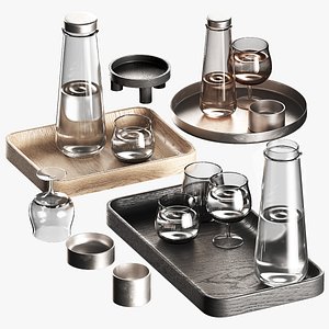 3D Water bottle and glass in wooden tray Tableware dishes decor model