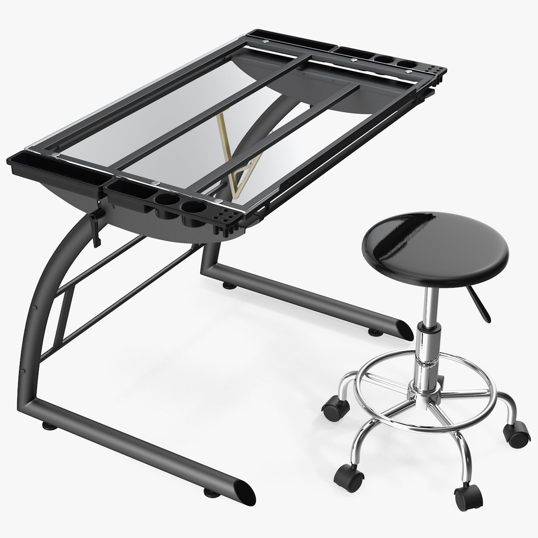 Triflex Height Adjustable Tiltable Glass Drawing Table Set Rigged 3D model preview