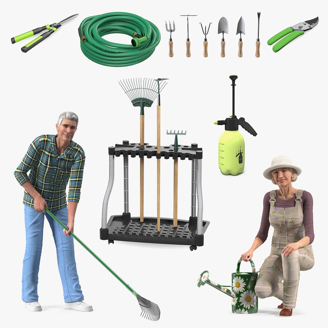 Old Lady and Man with Gardening Tools Collection 3D model preview