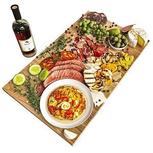 Tray with grilled vegetables and wine 5 3D model