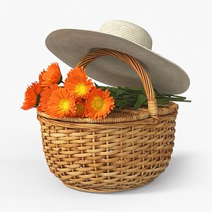 Wicker Picnic Basket with Straw Hat and Calendula Fur 3D