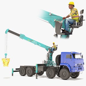 Hyundai Crane on Kamaz with Boscaro Concrete Bucket and Operator 3D model