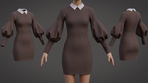 Formal Tweed Dress - Puff Sleeve Collared Bodycon Short Outfit