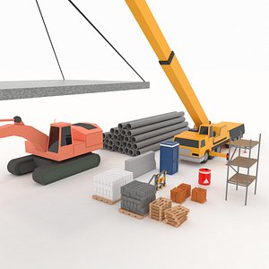 Collection building machinery and materials Stylized lowpoly