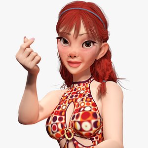 3D Redhead Character with Colorful Patterned Outfit Toon Low-poly 3D model