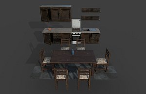 3D old kitchen furniture table chairs