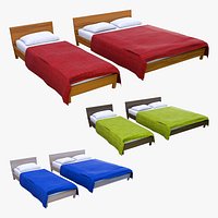 Stylized Wooden Bed Set Single Double 3 Color Variations 3D Model Game Ready 4K PBR