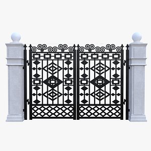 Modern Ornate Wrought Iron Gate with Stone Pillars 3D Model 3D model