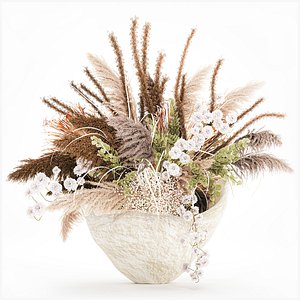 3D Bouquet dried flowers pampas branches stone vase palm leaves