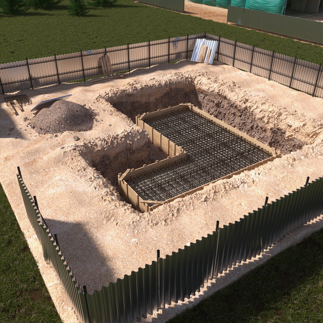 Excavation Site with Foundations and Fences 3D model preview