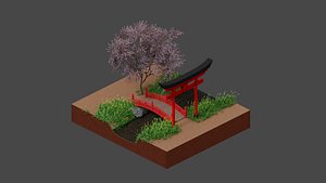 japan bridge sakura tree 3D