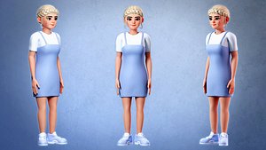 3D 3D Cartoon Character - Cute Female Character with blue cloths model