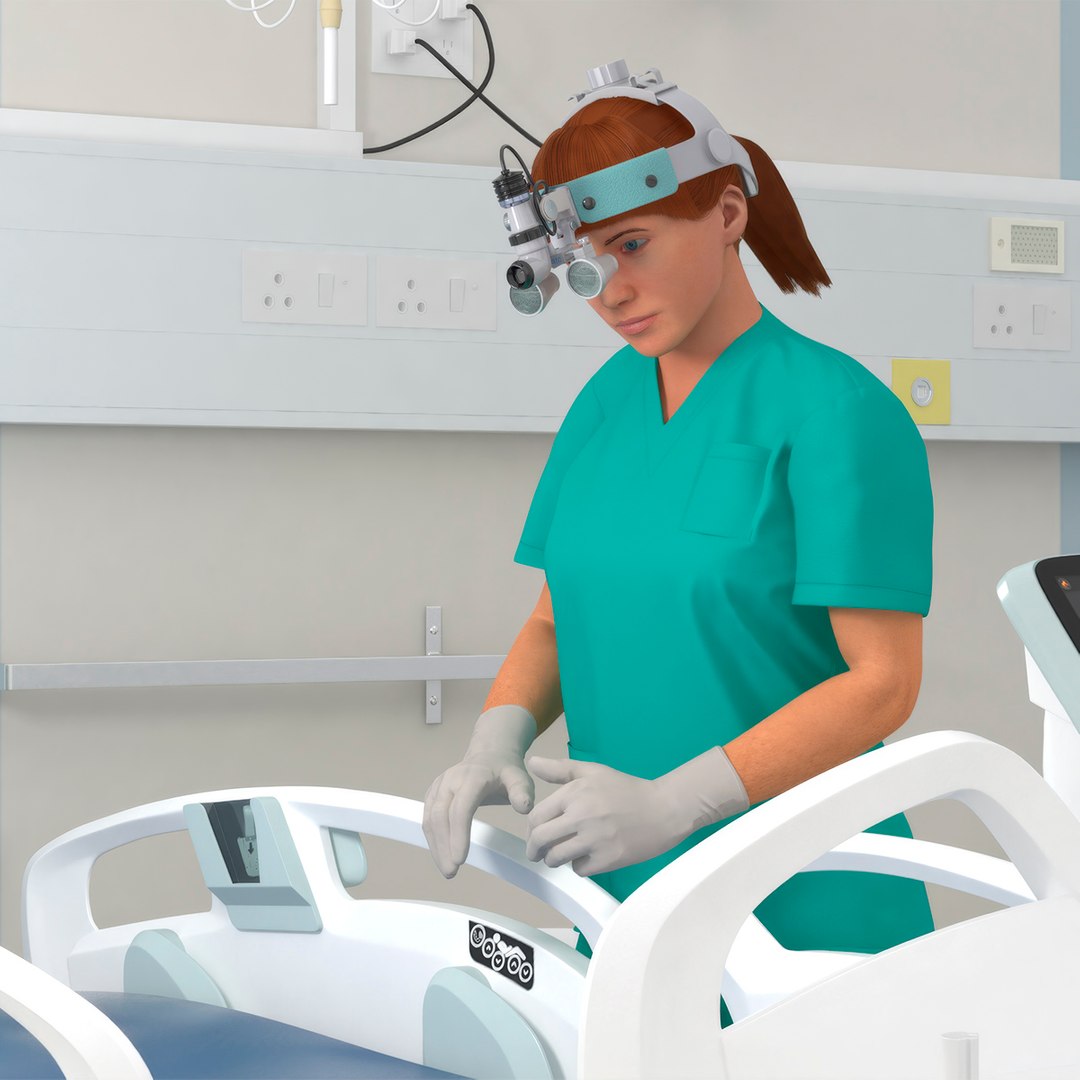 Female Dental Doctor with Loupe Light Rigged Fur 3D model preview