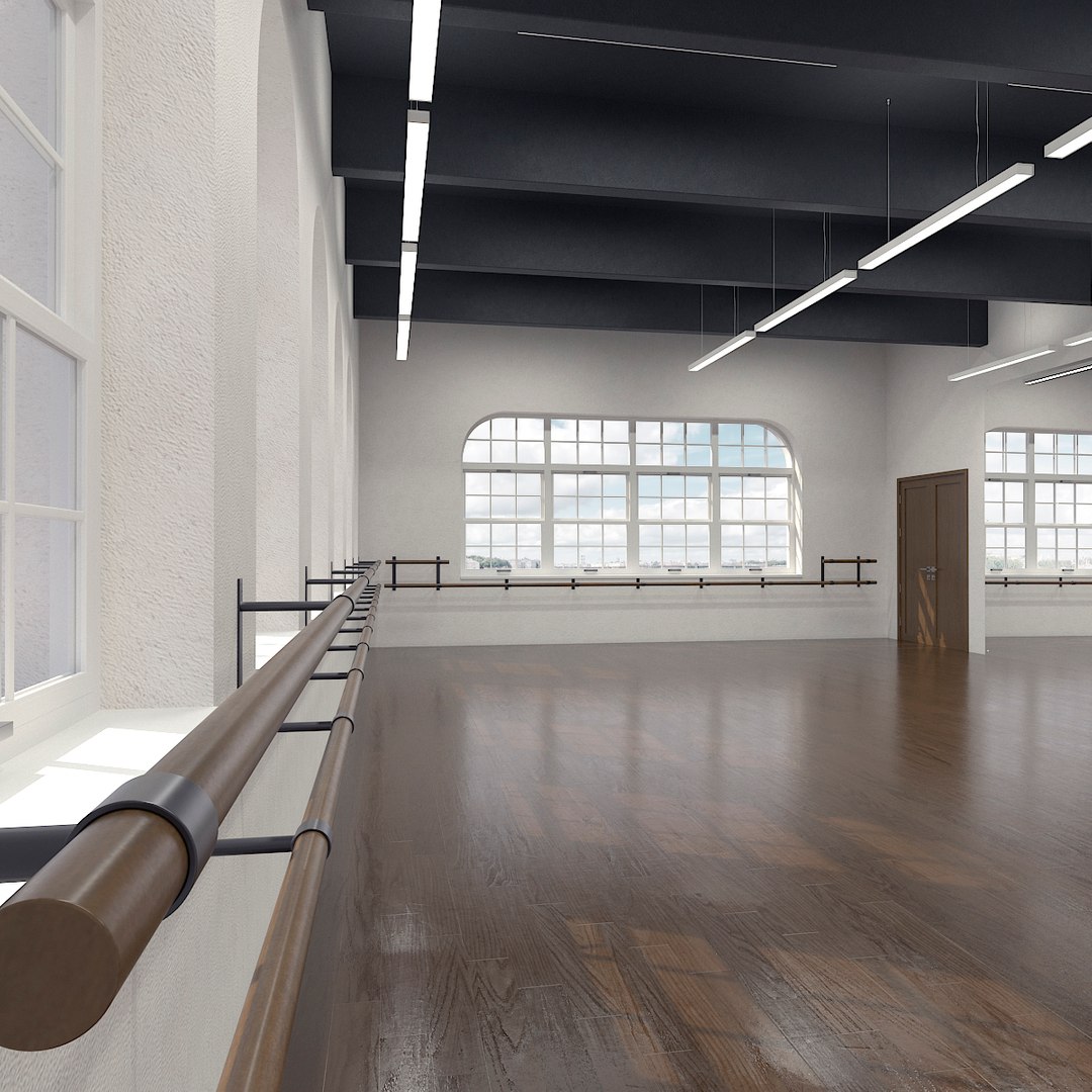 Professional Ballet Studio with Mirrors 3D model for industrial visualization, technical presentation, simulation, product rendering, and animation