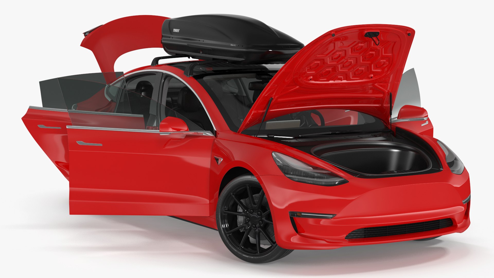 Tesla with Thule Car Roofbox on Roof Rack Rigged for Maya 3D model preview