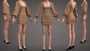 3D Women Square Neck Puff Sleeve Open Back Mini Dress Model model
