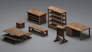 3D Old Carpentry Workshop Furniture Set - PBR 3D Models