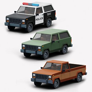 Stylized Cartoon SUV Police Car and Pickup 80s