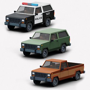 Stylized Cartoon SUV Police Car and Pickup 80s