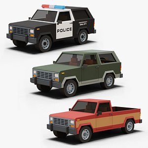 3D Stylized Cartoon SUV Police Car and Pickup 80s model