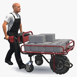 3D model Worker with Filled Wheelbarrow Concrete Bricks