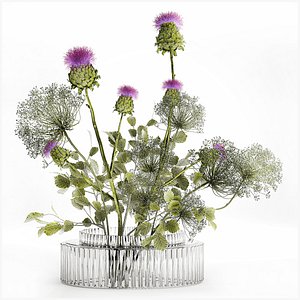 3D Realistic Bouquet Green Flowers Hogweed Leaves glass vase model