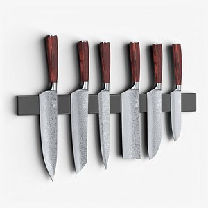 3D Japanese Damascus Steel Knives Magnet Set model
