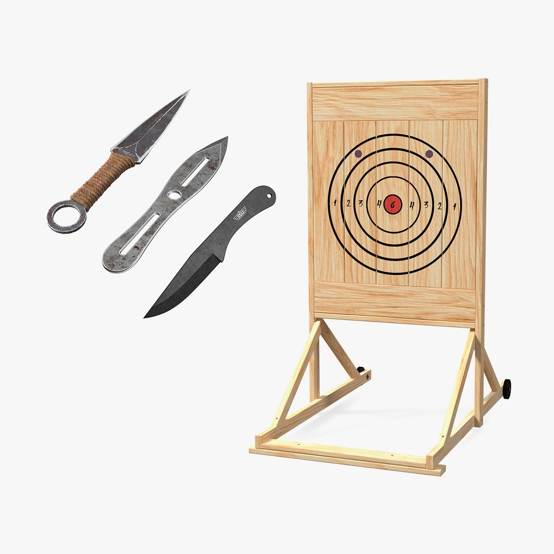 Wooden Target with Throwing Knives Collection 3D model preview