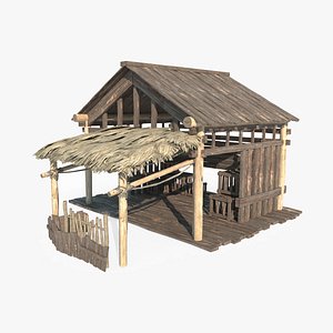 3D Asian ancient architecture thatched debris houses model