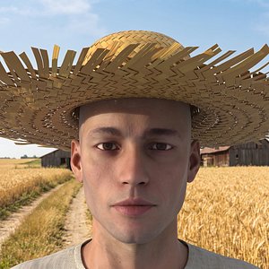 Woven Straw Sun Hat on Male Head 3D