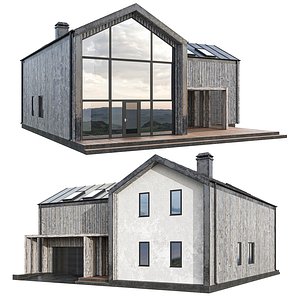 3D Old barnhouse with panoramic windows garage terrace and awning