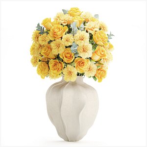3D Realistic bouquet yellow flowers carnations roses vase decor new model
