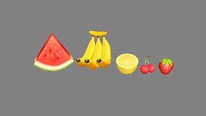 Cartoon fruits-watermelon-banana-lemon-cherry-strawberry 3D model