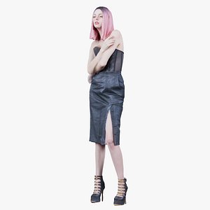 3D Pink Hair Woman in Corset and Black Leather Skirt Remastered